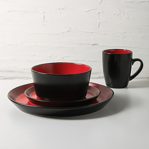 Stone Lain Albie Stoneware 32 Piece Modern Dinnerware Set, Plates and Bowls Sets, Service for 8, Red and Black, Microwave & Dishwasher Safe - Image 2