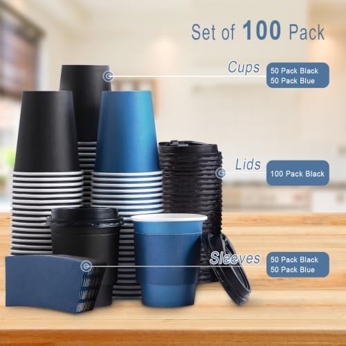 SIUQ 100 Pack 8 oz Disposable Paper Coffee Cups with Lids, Black & Blue - Image 4