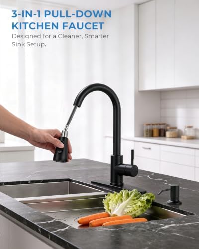VFAUOSIT Kitchen Faucet with Pull Down Sprayer and Soap Dispenser, Black - Image 2