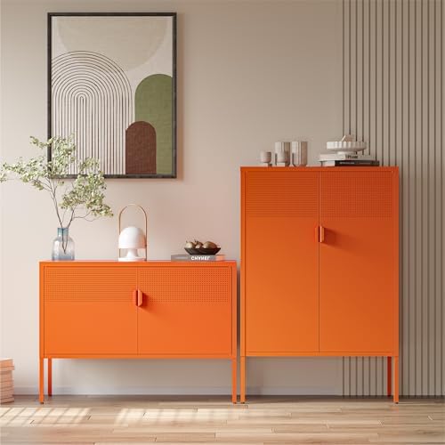 COFaR Orange Metal Storage Cabinet, 47”H Vibrant Coffee Bar & Buffet Sideboard with Adjustable Shelves, Fun Kitchen Organizer, Ventilated Steel Cabinet with Magnetic Doors for Dining Room, Office - Image 3