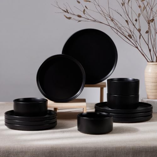HaWare Dinnerware Sets, Plates and Bowls Set for 4, Matte Shadow Black by HaWare