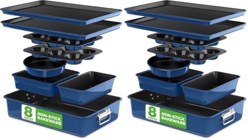 NutriChef 8-Piece Nonstick Stackable Bakeware Set-PFOA,PFOS, PTFE Free Baking Tray Set w/Non-Stick Coating,450°F Oven Safe, Round Cake, Loaf, Muffin, Wide/Square Pans, Cookie Sheet (Blue) (Pack of 2) by NutriChef%E2%84%A2Kitchen