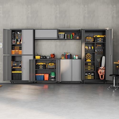 71''H Metal Garage Storage Cabinet with Wheels, Broom Cabinet with Lock - Image 2