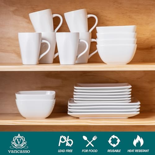 vancasso Soho Dinnerware Sets 24 Pieces, White Stoneware Square Place Setting, Dinner Plate, Dessert Plate, Cups and Plates Sets for Kitchen, Dish Set for 6, White - Image 3
