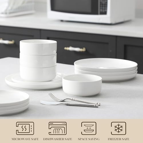 MALACASA 12 Pcs Porcelain Plates and Bowls Sets,Dinnerware Set for 4,White - Image 4