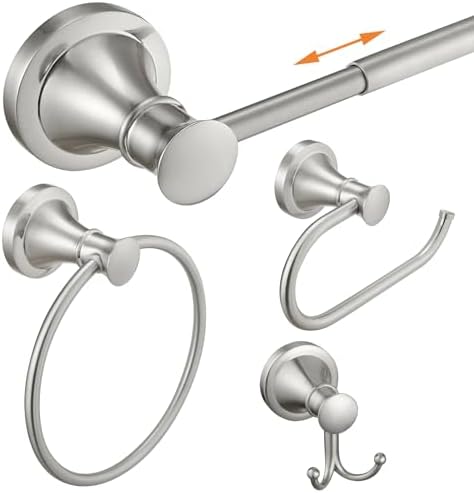 Hoimpro Brushed Nickel 4-Piece Bathroom Bath Set, Wall Mount Bathroom Hardware Fixture (Adjustable Towel Bar Rack, Towel Ring Holder, Paper Towel Holder, Double Towel Hook), Bathroom Accessories by Hoimpro