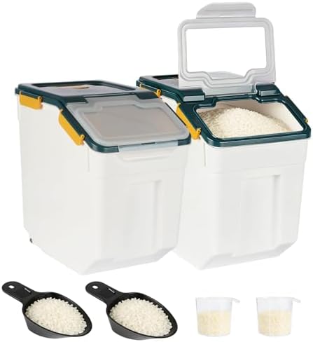 2 Pack Rice Container 50 lbs Large Bulk Flour Sugar StorageHoldhouse Plastic Grain Cereal Dry Goods Bin with Spoon and Measuring Cupfor Kitchen Pantry Organization - Blue by MXCELL