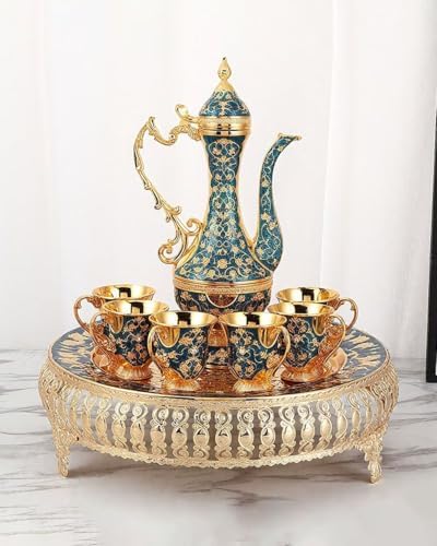 Turkish Tea Set Vintage Coffee Pot with Shiny Crystal Tray and 6 Cups for Home Party Table Decor Blue - Image 2