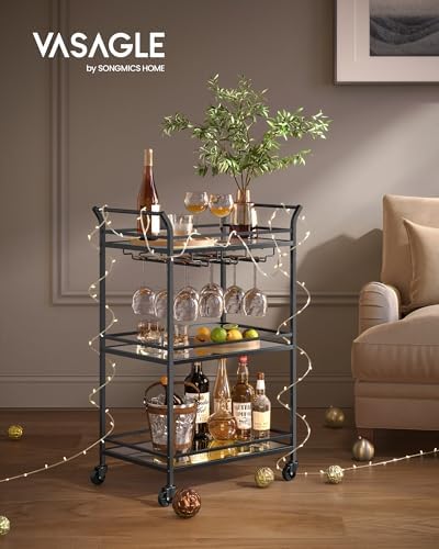 VASAGLE Bar Cart Black, Large Home Bar Serving Cart with 3-Tier - Image 2