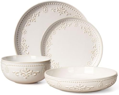 Artena 4-Piece Handcrafted Ceramic Dinnerware Set with Pasta Bowls, Service for 1 – Reactive Glaze Embossed Plates, Bowls & Mugs, Dishwasher & Microwave Safe, White, Damask Floral by Artena