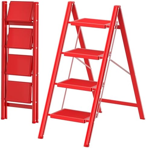 DIAMONDFORGE 4 Step Ladder, Folding Step Stool with Anti-Slip Wide Pedal, Soft Handle, Anti-Slip Feet, Sturdiest Steel Construction, 800lbs Capacity Steel Ladder for Home and Office, Red by DIAMONDFORGE