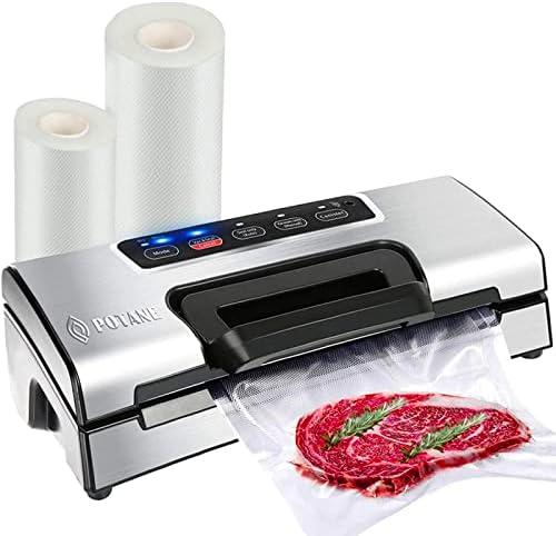 Potane Precision Vacuum Machine,Pro Food Sealer with Built-in Cutter and Bag Storage(Up to 20 Feet Length), Both Auto Manual Options,2 Modes,Includes 2 Bag Rolls 11”x16’ and 8”x16’,Compact Design by PotaneProfessional