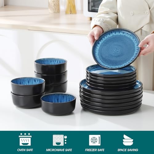 vancasso PLAYA Plates and Bowls Sets, 18 Pieces Blue Dinnerware Sets for Kitchen, Reactive Glaze Dishes Set for 6, Dishwasher and Microwave Safe - Image 4