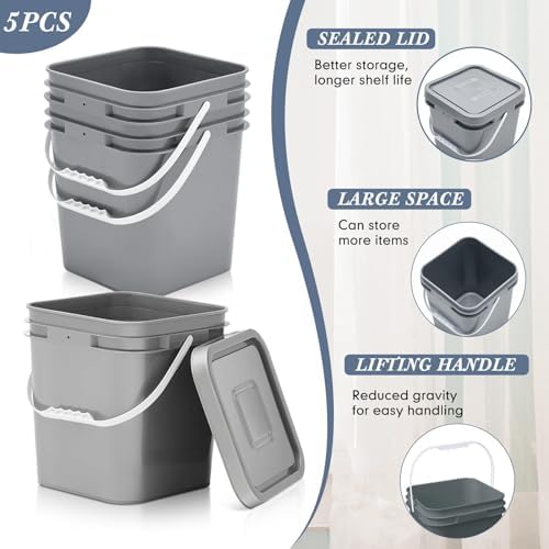 Mumufy 5 Pcs 3.5 Gallon Square Food Grade Bucket with Lid, Gray - Image 3