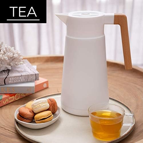 Thermal Coffee Carafe Brews Up to 68 Oz Insulated, Beechwood Handle, White - Image 2