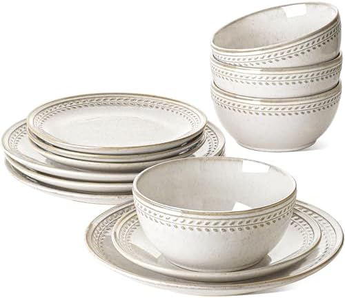LE TAUCI Plates and Bowls Sets for 4, 12 Piece Ceramic Dinnerware Sets, Kitchen Stoneware Dish Set, Chip Resistant, Microwave & Dishwasher Safe, Beige Wheat (8"&10" Plate, 27oz Bowl) by LETAUCI