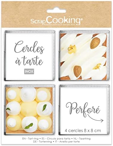 ScrapCooking - 4 Perforated Square Tart Circles - Individual Pie Frames 8 x 8 cm - Stainless Steel Baking Frame Moulds - Uniform Baking - Pastry Accessories for Cake Dessert - 1324 by ScrapCooking