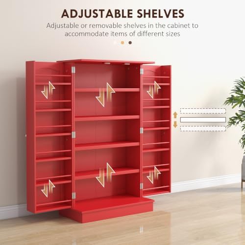 HOMCOM 41" Kitchen Pantry Storage Cabinet 12 Door Shelves Red - Image 5