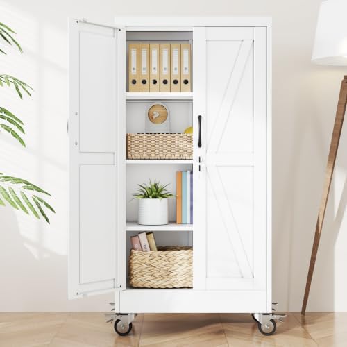 Metal Storage Cabinets with Wheels, Steel Tool Cabinets Lock Door and 3 Adjustable Shelves for Home Office, Garage, Kitchen (White, 47.2" H) by Unknown
