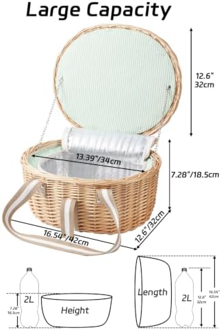 Picnic Basket Insulated with Lid, 5.2 Gal(19.6L) Wicker, Natural - Image 5