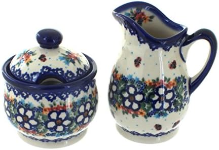Blue Rose Polish Pottery - Red Scarlett Cream & Sugar Set - 12 oz Creamer - Hand-Painted Polish Pottery Ceramic Creamer & Sugar Bowl with Lid by BlueRosePottery