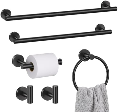 6 Pieces Matte Black Towel Bar Bathroom Hardware Set, 23.6Inch Matte Black Bathroom Accessories Towel Holder Set, SUS304 Stainless Steel Towel Racks for Bathroom by SOAEZ