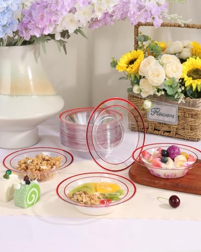 BESTSTAR 100 Pack clear Plastic Bowls with Red Rim - Image 5