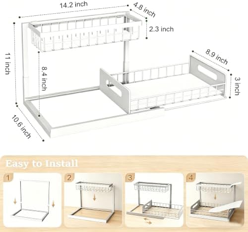 2 Pack Upgraded Under Sink Organizer, 2 Tier Pull out Kitchen Cabinet Organizer Metal Slide out Bathroom Organizers and Storage Makeup Drawer Organizer for Office Bedroom Restroom Living Room, L-White - Image 3