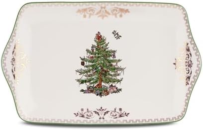 Spode Christmas Tree Gold Dessert Tray - 12" Fine Porcelain Festive Serving Platter with Red Ribbons, Holiday Collectible Dish for Entertaining & Desserts - Winter Holiday Serveware Gift by Spode