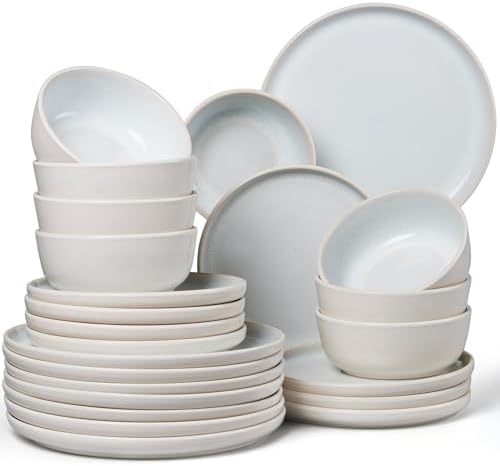 LIANYU 24 Piece Plates and Bowls Sets for 8, Ceramic Dishes Set, Dusk White by LIANYU