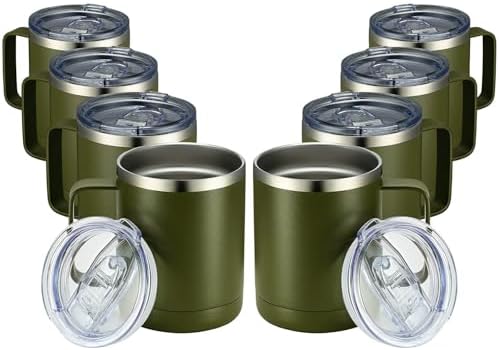 MEWAY 12oz Coffee Mug With Handle 8 Pack Bulk,Stainless Steel Insulated Travel Tumblers With Sliding Lid,Double Wall Vacuum Camping Cup for Hot & Cold Drinks Tea (Army Green,Set of 8) by MEWAY