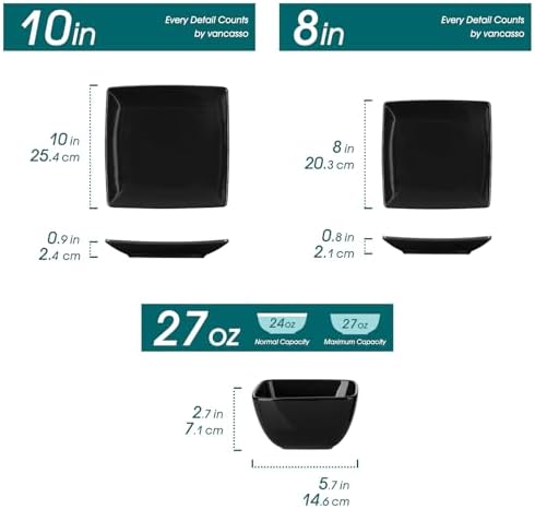 vancasso Soho Dinnerware Sets 12 Pieces, Black Stoneware Square Place Setting, Plates and Bowls Sets, Dinner Plate, Dishes Set for 4 - Image 2