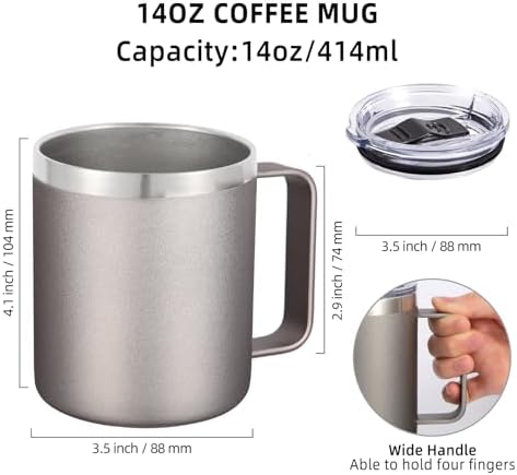 Volhoply 14oz Insulated Stainless Steel Coffee Mug with Lid Bulk 4 Pack,Double Wall Vacuum Travel Coffee Cup with Handle,Reusable Cups Tumbler Cup,Camping Mugs Keep Hot,Ideal Gifts(Gray,4 Set) - Image 2