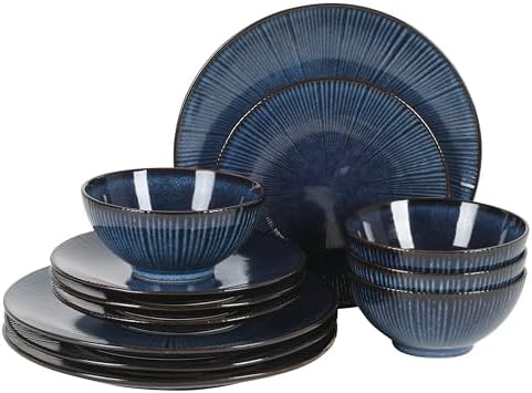 Gibson Elite Midnight Lune Plates and Bowls Sets, 12-Piece Stoneware Dinnerware Sets, Reactive Glaze Dish Set - Blue by GibsonHomewares
