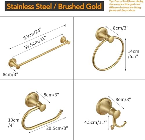 BESy Brushed Gold 4 Piece Bathroom Accessories Set (Single Towel Bar, Towel Ring, Toilet Paper Holder, Double Towel Hooks), Wall Mounted Bath Hardware Accessory Fixtures Set - Image 6
