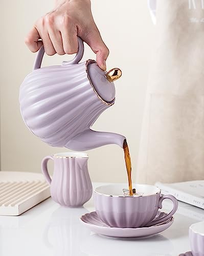 CLAY TONIC-8 OZ Porcelain Purple Coffee/Teacup and Saucer Set with Holder - Image 5