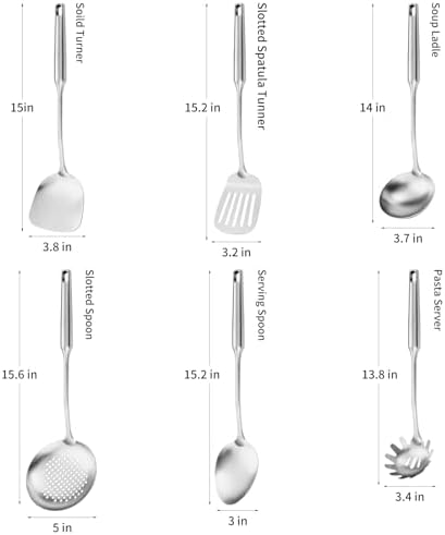 304 Stainless Steel Cooking Utensil,Kitchen Kitchen Utensil with Spatula, Solid Spoon, Ladle, Skimmer, Spaghetti Spoon, 6 Piece Set, Dishwasher Safe - Image 2