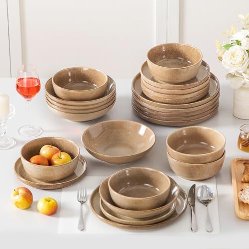 vancasso ANYA 24 Pieces Plates and Bowls Set, Caramel Dinnerware Sets, Reactive Glaze Dishes Set for 6, Ceramic Dishware Sets Kitchen Dinner Set, Microwave & Dishwasher Safe by vancasso