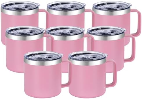 VEGOND 14 oz Insulated Coffee Mug Bulk with Handle, Stainless Steel Travel Coffee Mug with Lid, Double Wall Vacuum Metal Coffee Cup, Coffee Tumbler Powder Coated, Pink 8 Pack by VEGOND