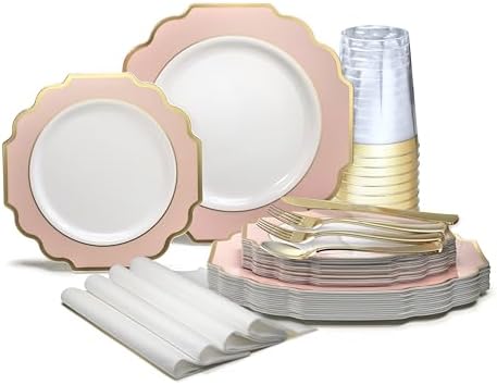 " OCCASIONS " 200 Piece set (25 Guests)-Wedding Plastic Plates & cutlery -Disposable heavyweight Dinnerware 10.5'', 8'' + Silverware + Cups + Napkins (Imperial in Blush Pink & Gold) by OCCASIONSFINESTPLASTICTABLEWARE