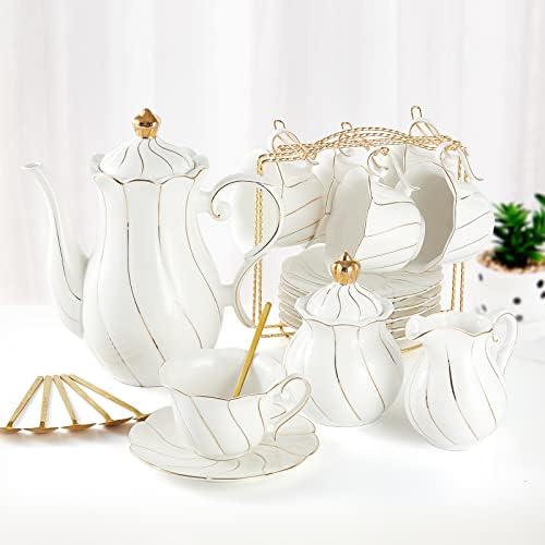 DUJUST 22 pcs White Porcelain Tea Set for 6, Luxury British Style Tea/Coffee Cup Set with Golden Trim, Beautiful Tea Set for Women, Tea Party Set, Gift Package (With a Stand) by DUJUST