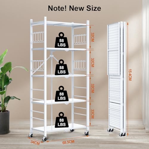 Himix 5-Tier Foldable Storage Shelves 20 Hooks Wheels White No Assembly - Image 3