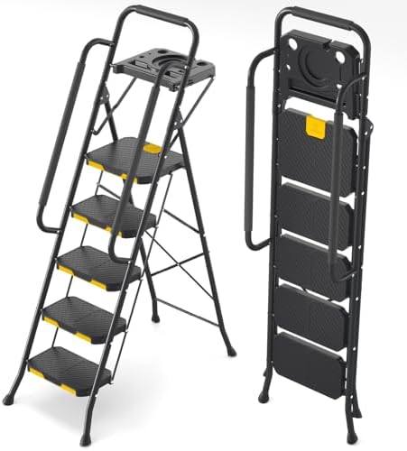 KINGRACK 5 Step Ladder, Sturdy Steel Step Stool with Anti-Slip Wide Pedals, Handrail, Safe-Lock Design, 800lbs Folding Portable Ladder for Multi-Purpose, Home, Kitchen by KINGRACK