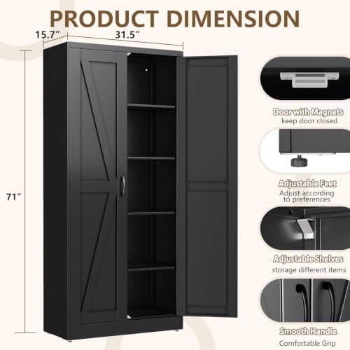 Black Metal Storage Cabinet, 71" Kitchen Pantry Cabinets for Office - Image 2