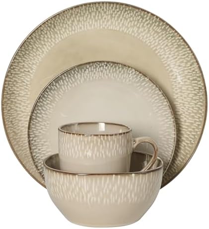 Gibson Elite Jasper 16 Piece Plates and Bowls Reactive Glaze Dishes Stoneware Ceramic Dinnerware Set - Service for 4 - Taupe - Image 7