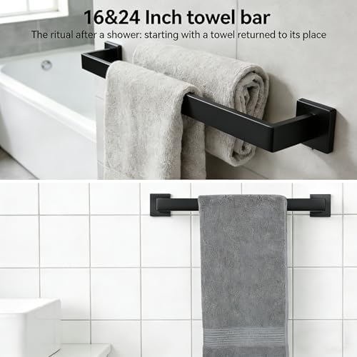 6-Pieces Bathroom Hardware Set Matte Black Bathroom Accessories Set SUS304 Towel Bar Set Includes Towel Bar 24&16 Inch+Towel Holder+Toilet Paper Holder+2 Towel Hooks (6, Matte Black, 24 Inch) - Image 2