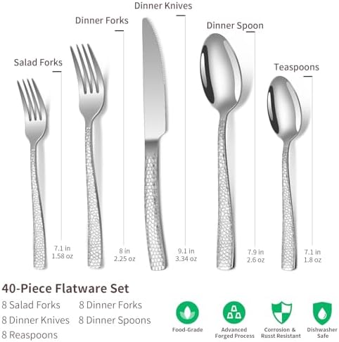 40-Piece Silverware Set, Silver Hammered Stainless Steel Flatware Sets for 8, Food-Grade Tableware Set, Including Fork Knife Spoon Set, Home Kitchen Cutlery Sets, Dishwasher Safe - Image 2