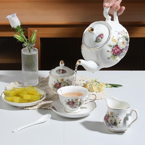 Sweejar Porcelain Tea Set Vintage Floral, British Relief Gold Rim Teapot Cup and Saucer Sets, 22-Piece Tea Sets for Adults, with Teapot, Sugar Bowl, Milk Jug, Spoons, Cup and Saucer (Flower Style) - Image 4