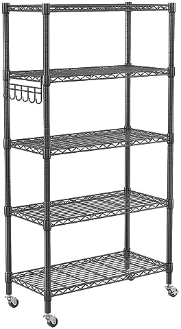 Homdox 5 Tier Metal Storage Shelves with Wheels, Heavy Duty Wire Shelving Unit, Adjustable Storage Racks with Side Hooks for Bathroom Kitchen Garage Pantry Organization, Black by HOMDOX