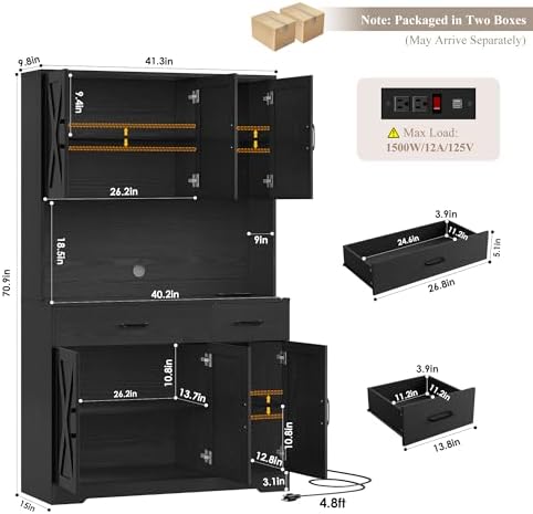 HOSTACK 71" H Kitchen Pantry Storage Cabinet,Farmhouse Hutch Cabinet, Black - Image 3